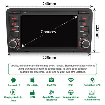 AWESAFE Autoradio Android 13 Pour Audi A3/S3/RS3 2006-2012 Carplay intégré/Android Auto SWC BT AM/FM AWESAFE