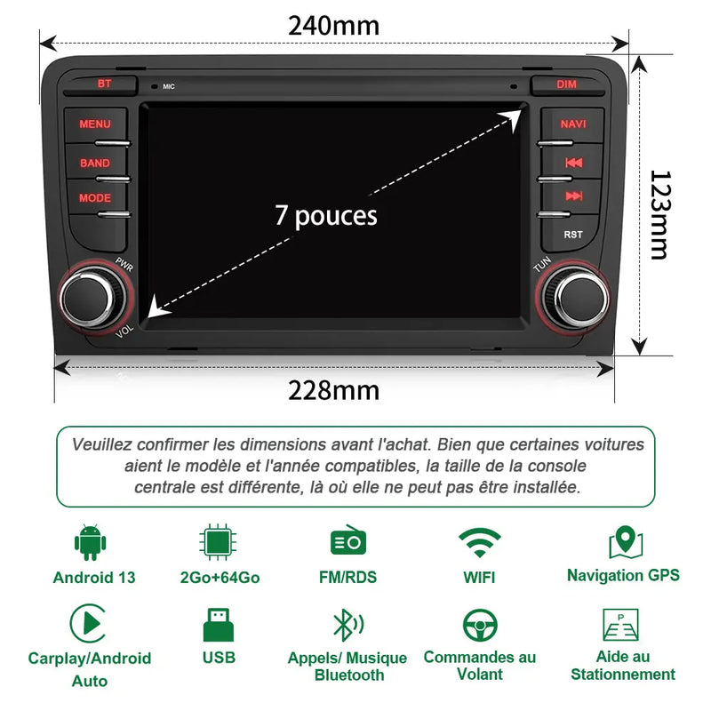 AWESAFE Autoradio Android 13 Pour Audi A3/S3/RS3 2006-2012 Carplay intégré/Android Auto SWC BT AM/FM AWESAFE