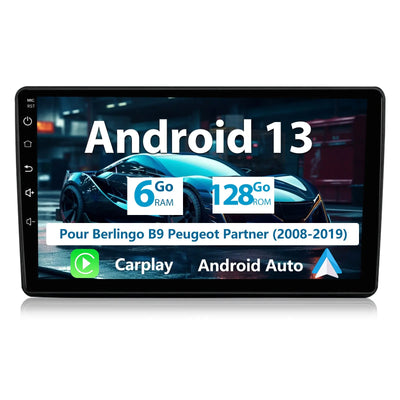 AWESAFE Autoradio Android 13 [6Go+128Go] pour Citroen Berlingo Peugeot Partner(2008-2019) avec 4G Carplay Android Auto 9 Pouces Écran GPS BT WiFi USB DSP Commande au Volant AWESAFE