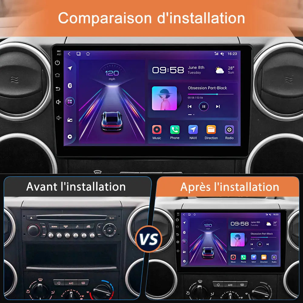 AWESAFE Autoradio Android 13 [6Go+128Go] pour Citroen Berlingo Peugeot Partner(2008-2019) avec 4G Carplay Android Auto 9 Pouces Écran GPS BT WiFi USB DSP Commande au Volant AWESAFE