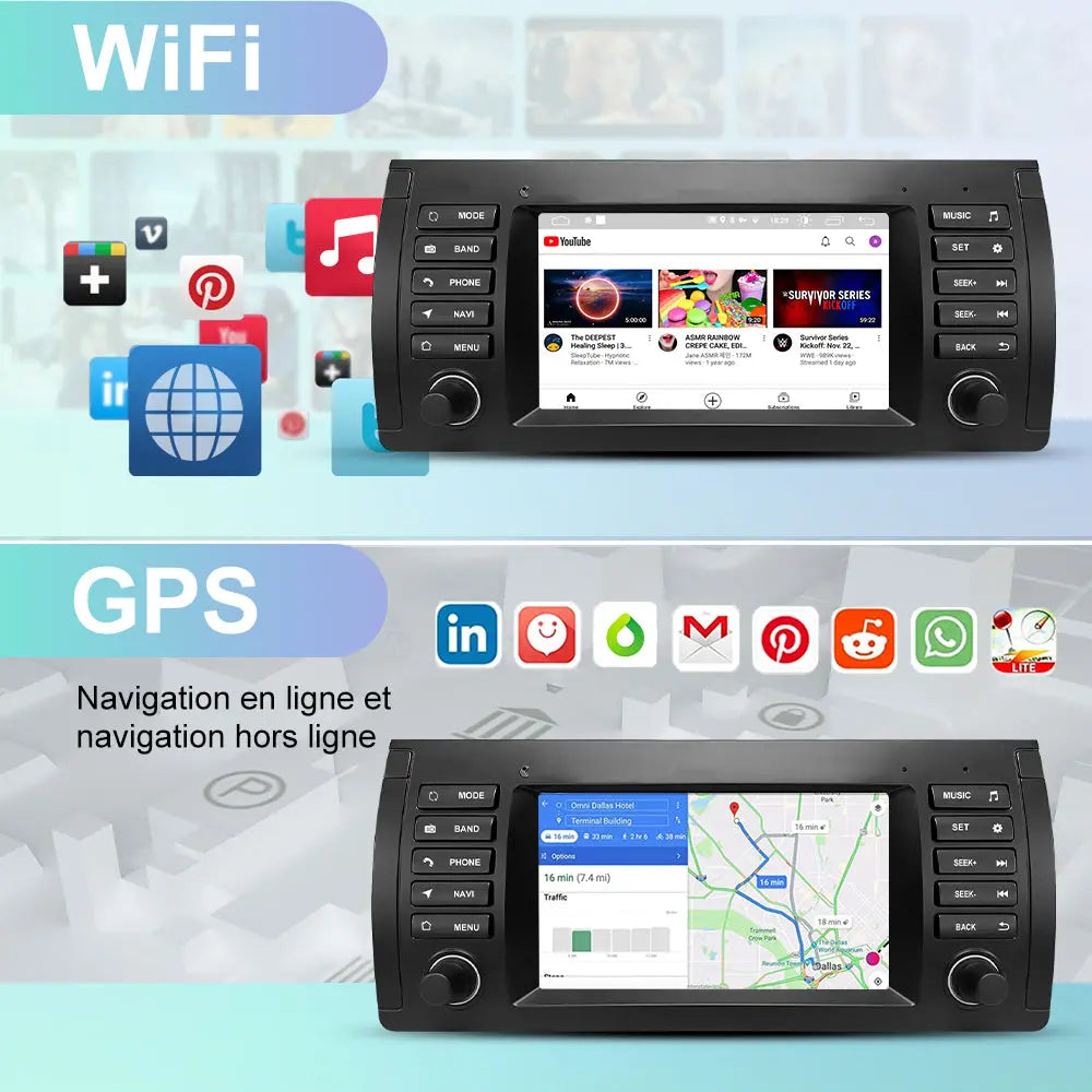 AWESAFE Autoradio Android 13 pour BMW E39 1996-2003, GPS Navigation, 7 Pouces Tactile, 6+128Go, FM RDS, Bluetooth, USB, WIFI, Carplay Android Auto, Aide Stationnement, Commandes Volant AWESAFE