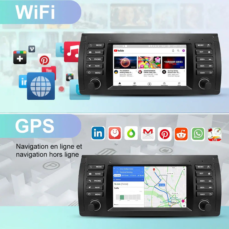 AWESAFE Autoradio Android 13 pour BMW E39 1996-2003, GPS Navigation, 7 Pouces Tactile, 6+128Go, FM RDS, Bluetooth, USB, WIFI, Carplay Android Auto, Aide Stationnement, Commandes Volant AWESAFE