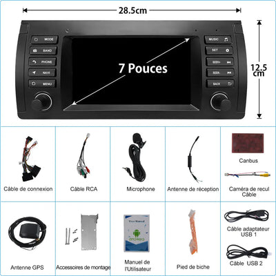 AWESAFE Autoradio Android 13 pour BMW E39 1996-2003, GPS Navigation, 7 Pouces Tactile, 6+128Go, FM RDS, Bluetooth, USB, WIFI, Carplay Android Auto, Aide Stationnement, Commandes Volant AWESAFE
