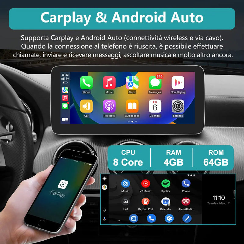 AWESAFE Autoradio Android con Chipset Qualcomm 8 Core 4+64GB - Schermo Touchscreen 10,25 Pollici - Per Mercedes-Benz GLA/Classe A W169 2015 (NTG4.5) - GPS/Bluetooth/DSP/4G con CarPlay Wireless e Android Auto AWESAFE