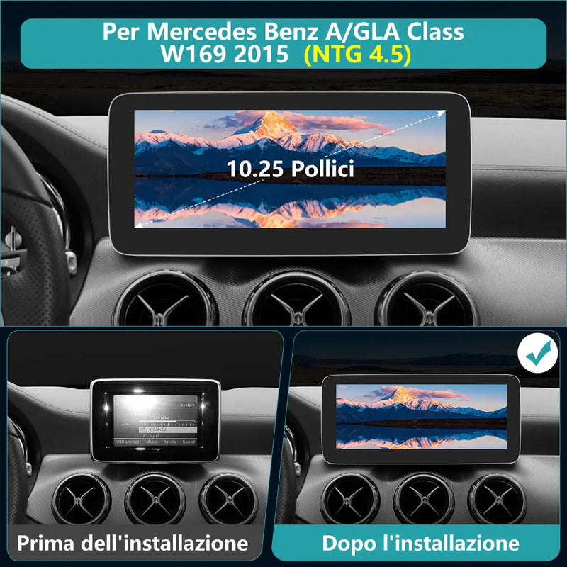 AWESAFE Autoradio Android con Chipset Qualcomm 8 Core 4+64GB - Schermo Touchscreen 10,25 Pollici - Per Mercedes-Benz GLA/Classe A W169 2015 (NTG4.5) - GPS/Bluetooth/DSP/4G con CarPlay Wireless e Android Auto AWESAFE