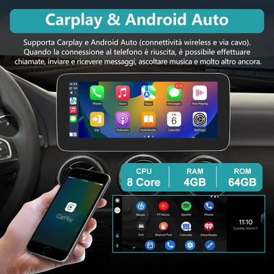 AWESAFE Autoradio Android con Chipset Qualcomm 8 Core 4+64GB - Touchscreen 10,25 Pollici - Per Benz GLA/Class A 2016-2018（NTG5.0) - GPS/Bluetooth/DSP/4G con CarPlay Wireless e Android Auto AWESAFE