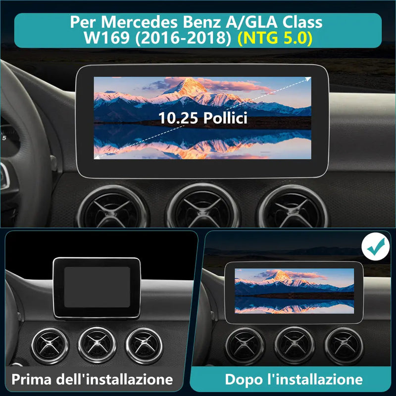 AWESAFE Autoradio Android con Chipset Qualcomm 8 Core 4+64GB - Touchscreen 10,25 Pollici - Per Benz GLA/Class A 2016-2018（NTG5.0) - GPS/Bluetooth/DSP/4G con CarPlay Wireless e Android Auto AWESAFE