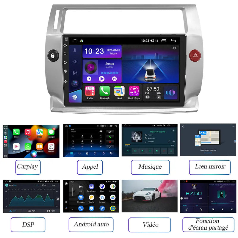 AWESAFE Autoradio Carplay pour Citroen C4 2004-2009, système Android 12 [2G+32G],écran Tactile HD 9", Carplay sans Fil, Android Auto sans Fil, Navigation GPS Bluetooth WiFi USB, avec Cadre AWESAFE