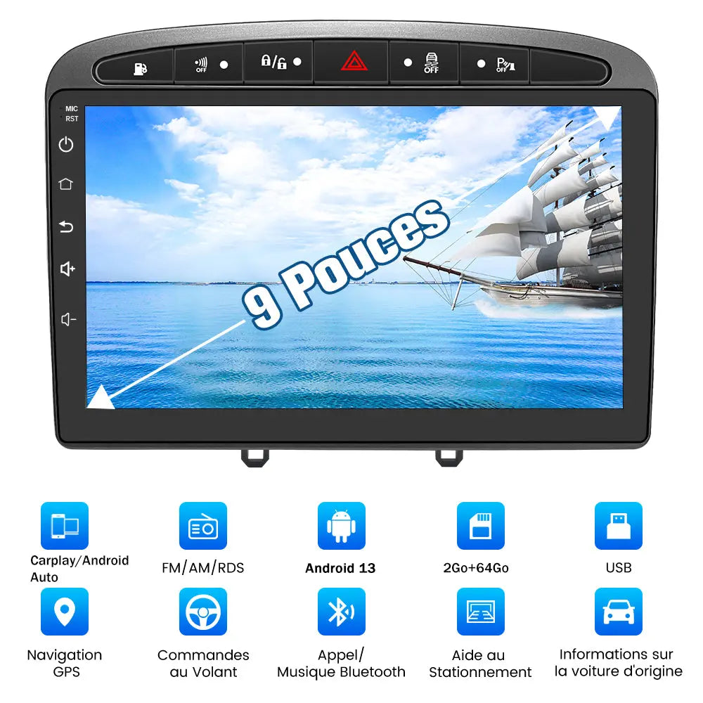 AWESAFE Autoradio Carplay pour Peugeot 308/408(2007-2013) 9 Pouces,Android 12 [2Go+32Go] avec GPS Android Auto WiFi DSP FM Commande au Volant/Bluetooth/Aide au Stationnement-Gris AWESAFE