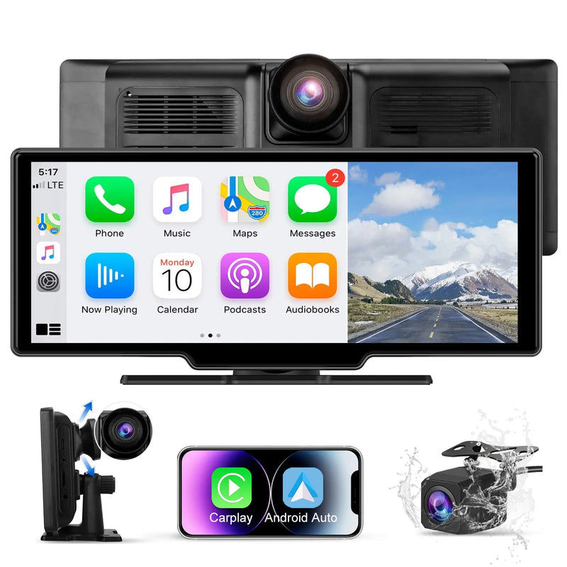 AWESAFE Autoradio Wireless CarPlay e Android Auto, Schermo 10,26 Pollici Touchscreen,4K Dashcam Anteriore e 1080P Posteriore Bluetooth con Navigatore GPS, Mirror Link, Assistente Vocale, AUX, FM AWESAFE