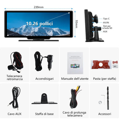 AWESAFE Autoradio Wireless CarPlay e Android Auto, Schermo 10,26 Pollici Touchscreen,4K Dashcam Anteriore e 1080P Posteriore Bluetooth con Navigatore GPS, Mirror Link, Assistente Vocale, AUX, FM AWESAFE