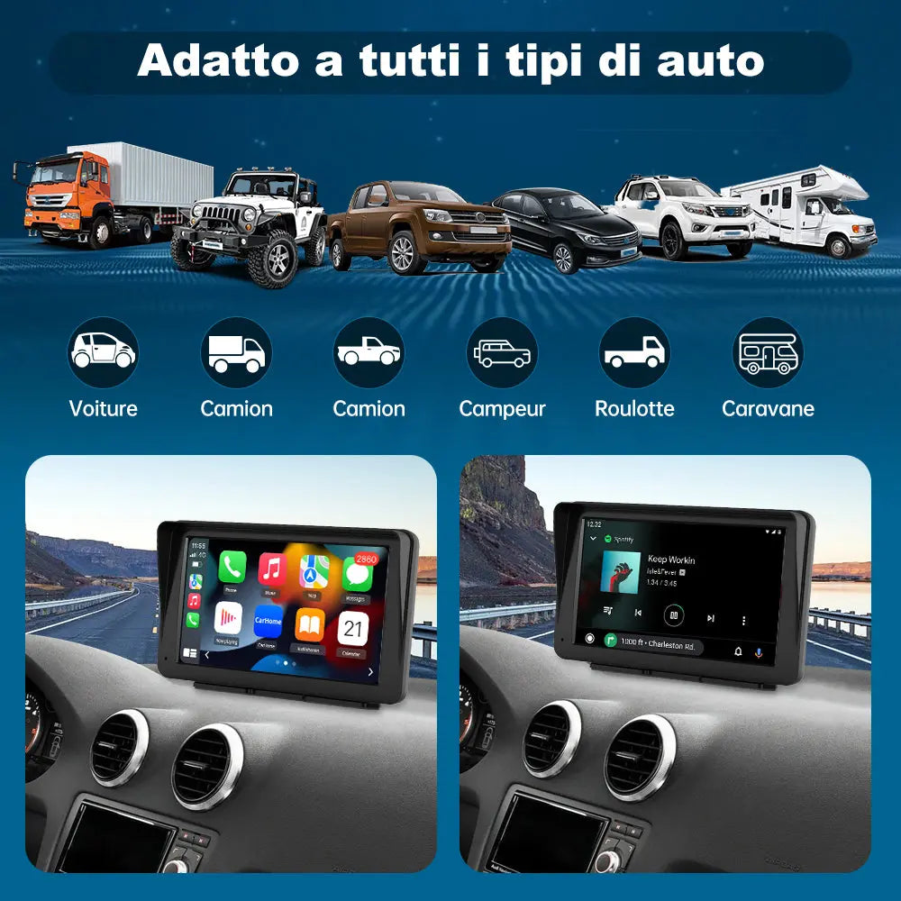 Display Auto Wireless Carplay 7'' Adelagnes - Touch Screen Portatile Con Android Auto, AUX, FM, Mirror Link, Bluetooth, Supporto Regolabile