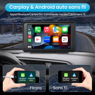 AWESAFE Autoradio avec écran tactile 7 pouces, CarPlay et Android Auto sans fil, Bluetooth, GPS, Mirror Link, assistant vocal, entrée AUX et radio FM pour voiture AWESAFE