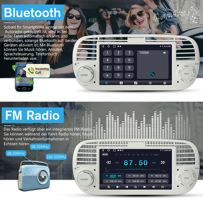 AWESAFE Autoradio für FIAT 500 2007-2015, Android 12 2G+32G 7 Zoll Touchscreen, mit GPS Navigation Carplay Android Auto Bluetooth WiFi - Weiß AWESAFE