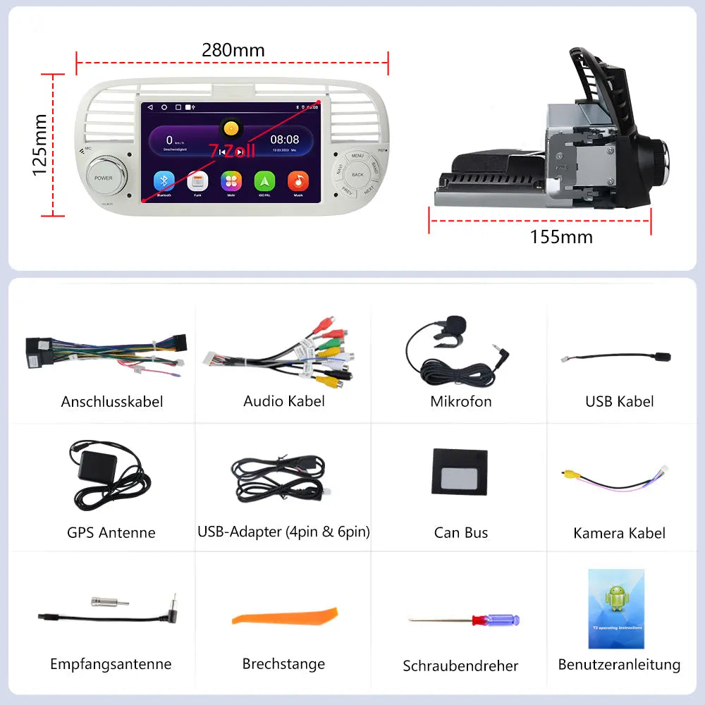 AWESAFE Autoradio für FIAT 500 2007-2015, Android 12 2G+32G 7 Zoll Touchscreen, mit GPS Navigation Carplay Android Auto Bluetooth WiFi - Weiß AWESAFE