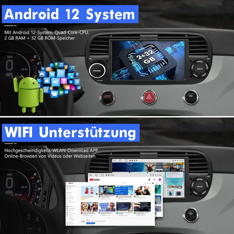 AWESAFE Autoradio für FIAT 500 2007-2015, Android 12 System, 7 Zoll Touchscreen, 2G+32G, Unterstützt GPS Navigation Bluetooth Carplay Android Auto WiFi AWESAFE