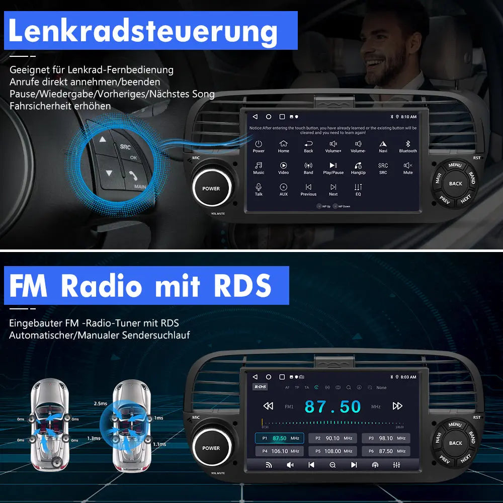 AWESAFE Autoradio für FIAT 500 2007-2015, Android 12 System, 7 Zoll Touchscreen, 2G+32G, Unterstützt GPS Navigation Bluetooth Carplay Android Auto WiFi AWESAFE