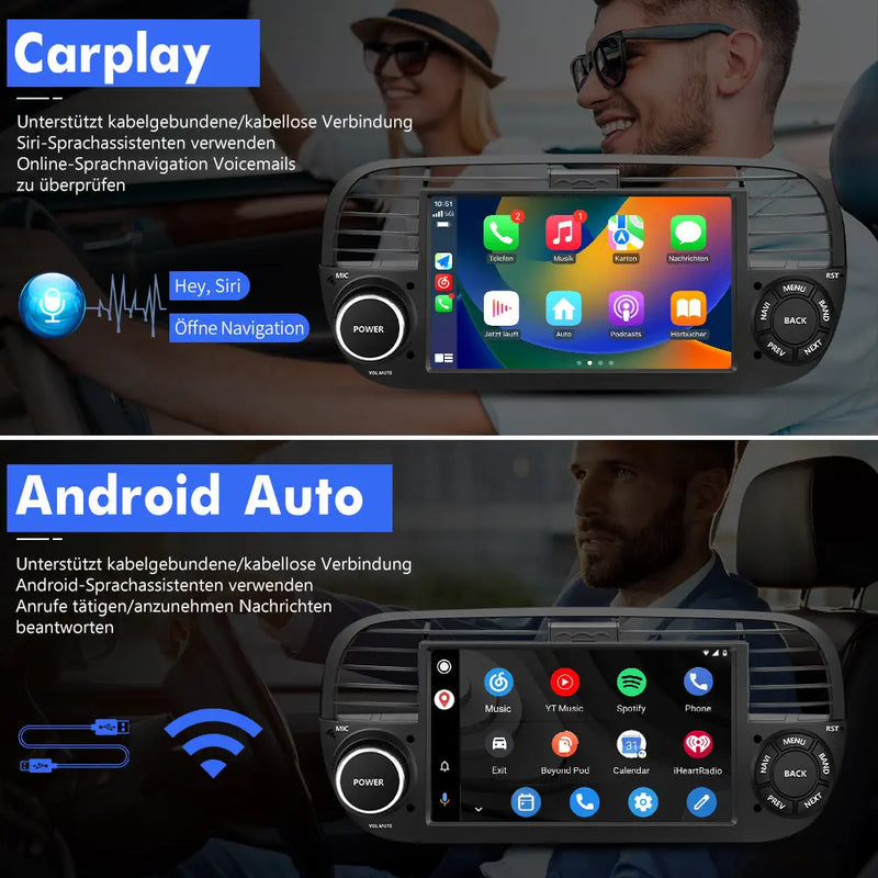 AWESAFE Autoradio für FIAT 500 2007-2015, Android 12 System, 7 Zoll Touchscreen, 2G+32G, Unterstützt GPS Navigation Bluetooth Carplay Android Auto WiFi AWESAFE