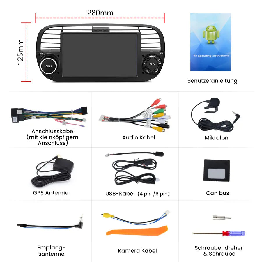 AWESAFE Autoradio für FIAT 500 2007-2015, Android 12 System, 7 Zoll Touchscreen, 2G+32G, Unterstützt GPS Navigation Bluetooth Carplay Android Auto WiFi AWESAFE