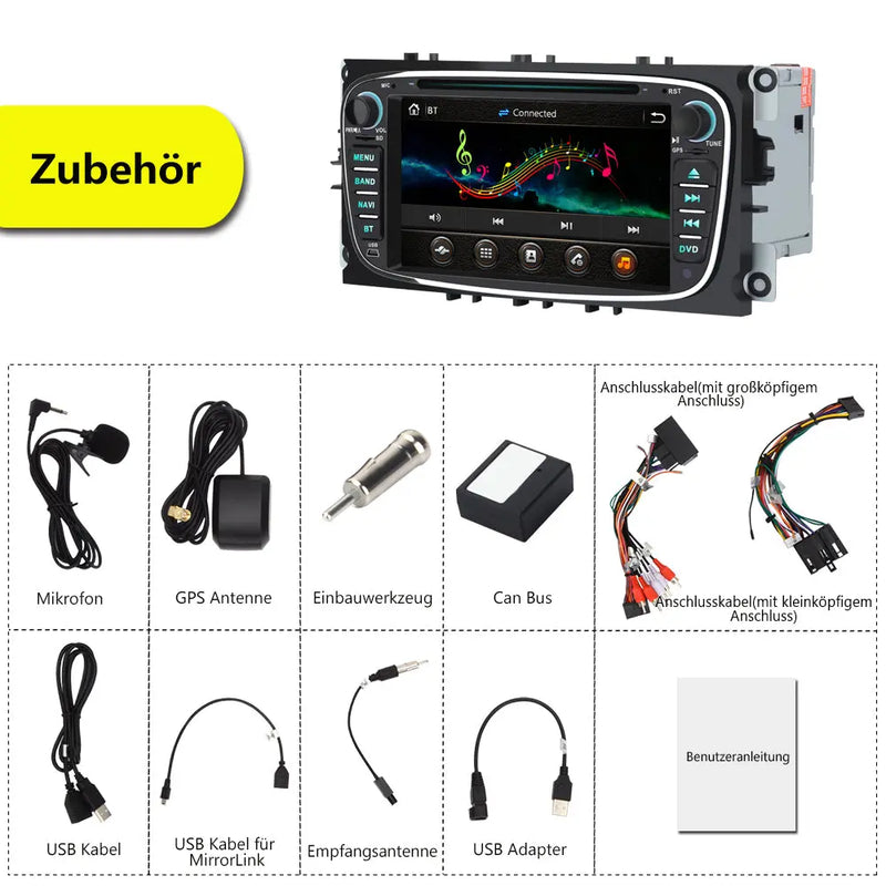 AWESAFE Autoradio für Ford Focus Mondeo S-Max C-Max Galaxy, Doppel Din Radio mit Navi unterstützt Lenkrad Bedienung Bluetooth Mirrorlink CD DVD FM AM RDS - Schwarz AWESAFE