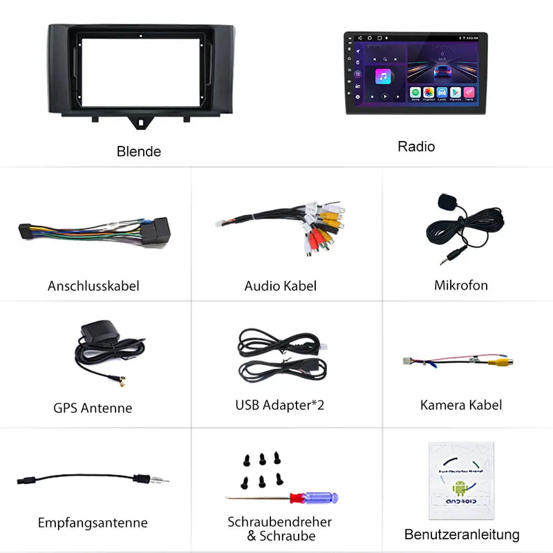 AWESAFE Autoradio für Smart Fortwo 451 2011-2015, Android 12 System, 2G+32G, 9 Zoll Touchscreen, mit Blende, Navigation Carplay Android Auto Bluetooth MirrorLink WiFi Unterstützung AWESAFE