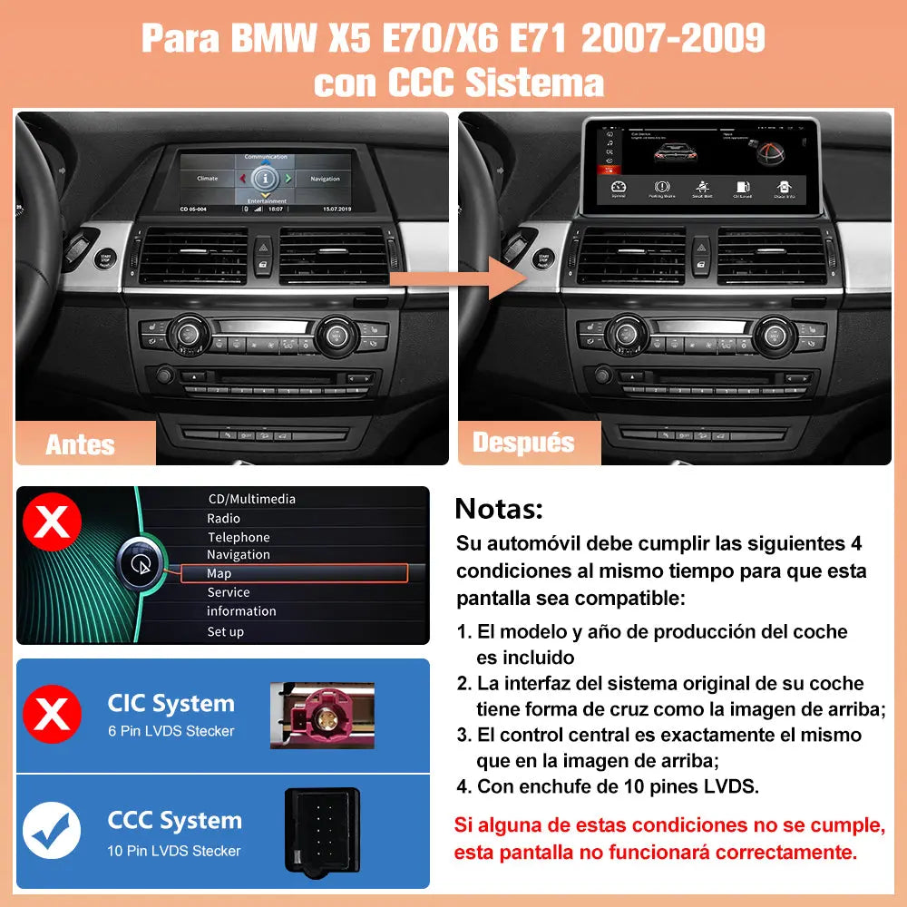 AWESAFE Autoradio para BMW X5 E70/X6 E71  2007-2009 con Sistema CCC,Radio de Coche Android 13 8 Core 4+64 GB con GPS Carplay Sistema Android Auto iDrive, Pantalla Táctil de 10.25 Pulgadas Soporta Tarjeta AWESAFE
