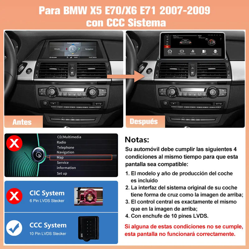 AWESAFE Autoradio para BMW X5 E70/X6 E71  2007-2009 con Sistema CCC,Radio de Coche Android 13 8 Core 4+64 GB con GPS Carplay Sistema Android Auto iDrive, Pantalla Táctil de 10.25 Pulgadas Soporta Tarjeta AWESAFE