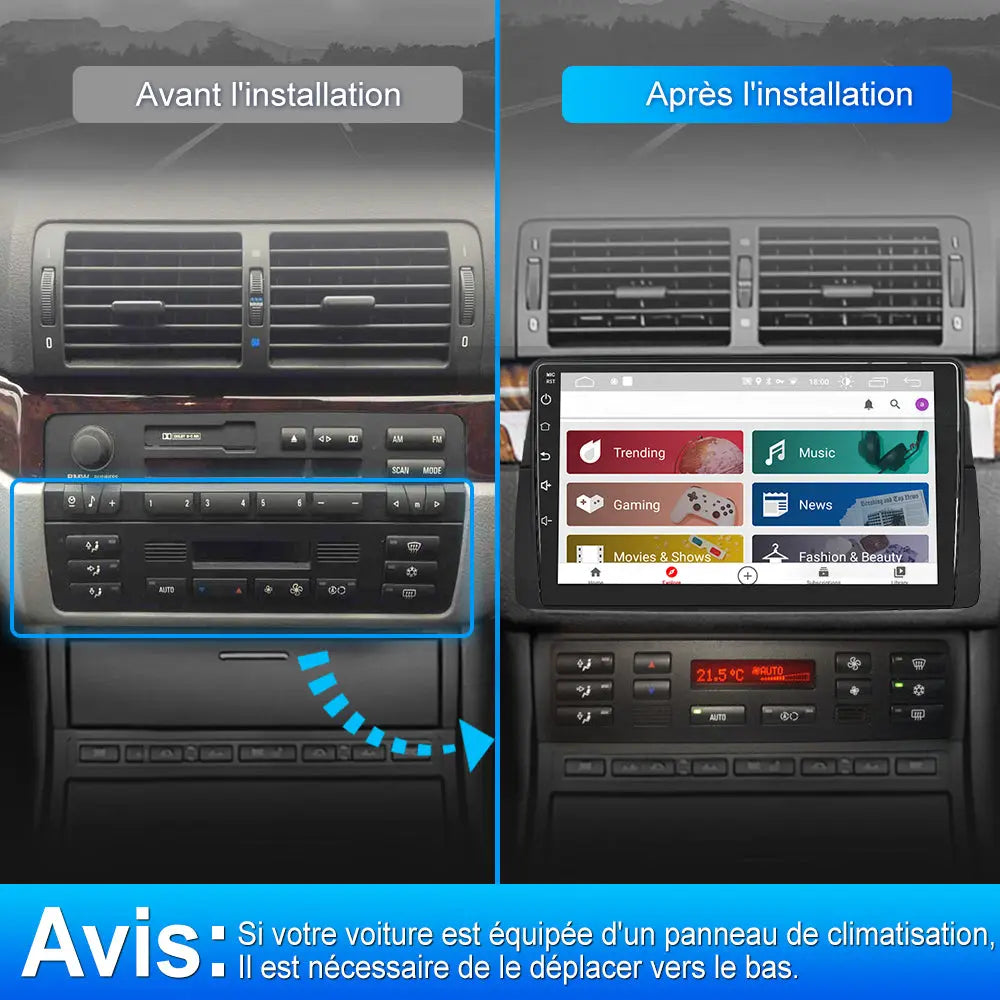 AWESAFE Autoradio pour BMW E46 Système Android 12 Écran Tactile HD 9" Carplay et Android Auto Navigation GPS RDS Bluetooth WiFi Commande au Volant 2 Go + 32 Go AWESAFE