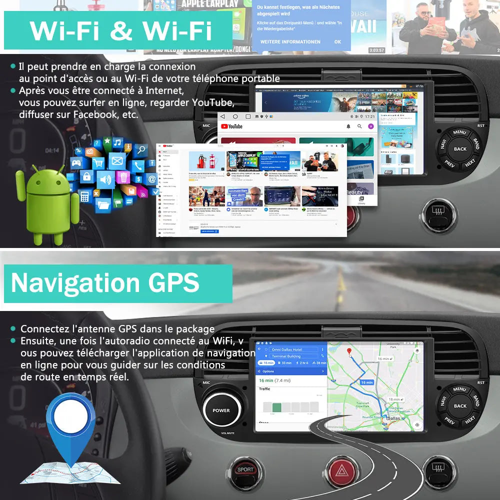 AWESAFE Autoradio pour Fiat 500 2007-2015 - 7" 2+64GB Android 13 avec Bluetooth, DSP, sans fil Android Auto & CarPlay AWESAFE