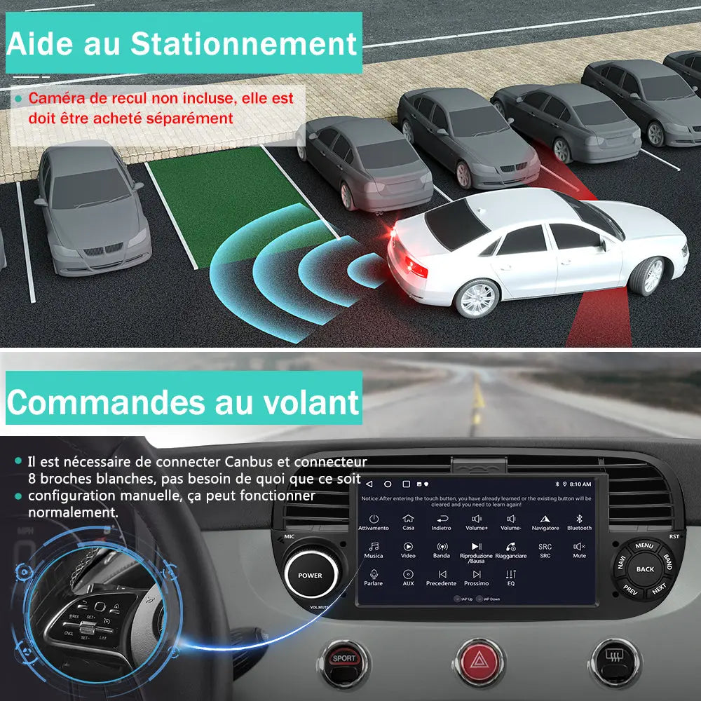 AWESAFE Autoradio pour Fiat 500 2007-2015 - 7" 2+64GB Android 13 avec Bluetooth, DSP, sans fil Android Auto & CarPlay AWESAFE