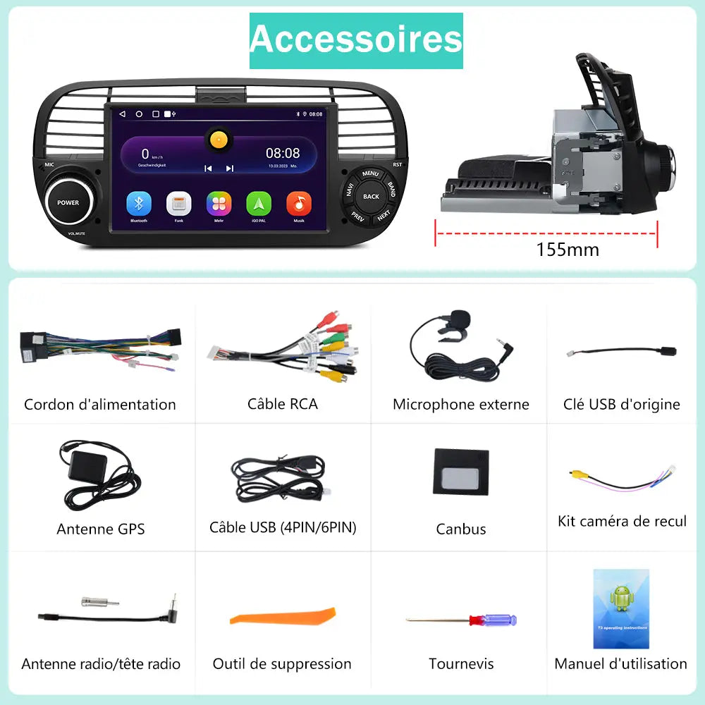 AWESAFE Autoradio pour Fiat 500 2007-2015 - 7" 2+64GB Android 13 avec Bluetooth, DSP, sans fil Android Auto & CarPlay AWESAFE