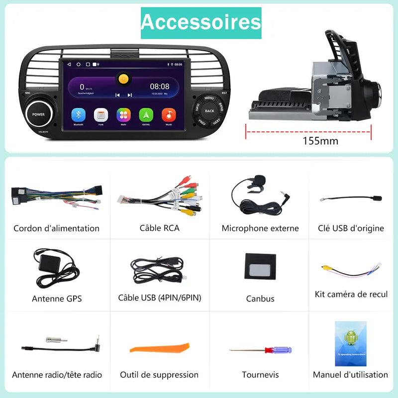 AWESAFE Autoradio pour Fiat 500 2007-2015 - 7" 2+64GB Android 13 avec Bluetooth, DSP, sans fil Android Auto & CarPlay AWESAFE