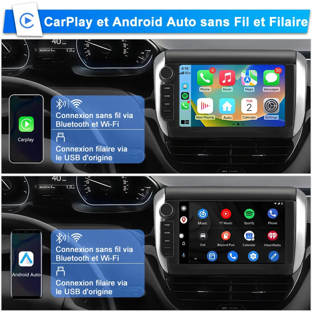 AWESAFE Autoradio pour Peugeot 208/2008 2012-2018 8 Pouces Écran Tactile Construit en Carplay intégré/Android Auto SWC GPS Bluetooth WiFi RDS FM Radio AWESAFE
