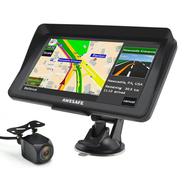 AWESAFE Bluetooth Navigationsgerät für Auto mit Rückfahrkamera, 7 Zoll Touchscreen, 2023 Europa Karten unterstützt lebenslang kostenloses, GPS Navigation für Auto PKW KFZ LKW AWESAFE