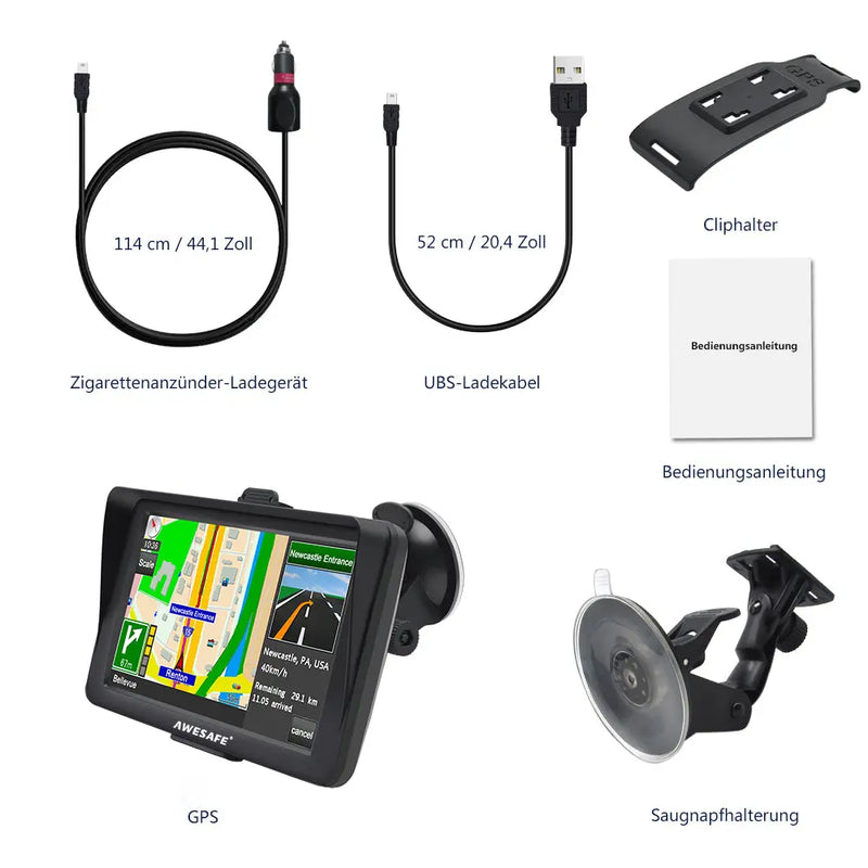 AWESAFE Bluetooth Navigationsgeräte für Auto, 7 Zoll Touchscreen, GPS Navigation für LKW PKW KFZ, 2023 Europa Karten unterstützt lebenslang kostenloses AWESAFE