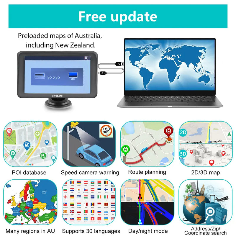 AWESAFE Car GPS 7 Inch Touch Screen FM Radio European Maps Free Annual Updates AWESAFE