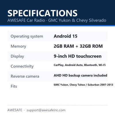 AWESAFE car radio specifications: Android 15, 2GB RAM 32GB ROM, 9 inch HD touchscreen, CarPlay