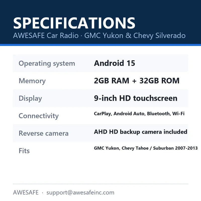 AWESAFE car radio specifications: Android 15, 2GB RAM 32GB ROM, 9 inch HD touchscreen, CarPlay