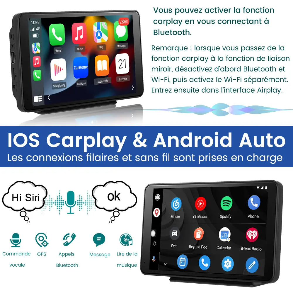 AWESAFE CarPlay Voiture 7 Pouces Touchscreen,Compatible Avec Ios Carplay et Android Auto sans Fil/Android Lien Miroir/Bluetooth/FM Sender AWESAFE