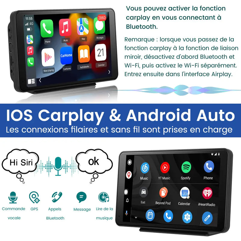 AWESAFE CarPlay Voiture 7 Pouces Touchscreen,Compatible Avec Ios Carplay et Android Auto sans Fil/Android Lien Miroir/Bluetooth/FM Sender AWESAFE