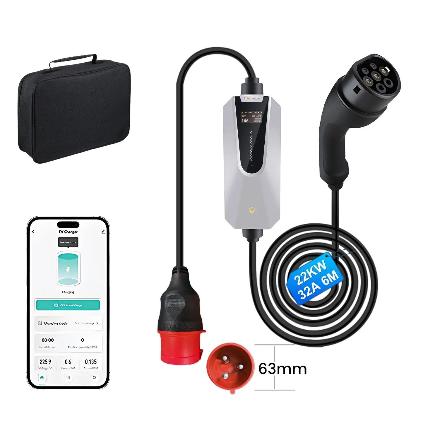 AWESAFE Caricabatterie EV Type 2 22kW, cavo 6M/32A ad alta efficienza – con borsa, spina CEE trifase e manuale AWESAFE
