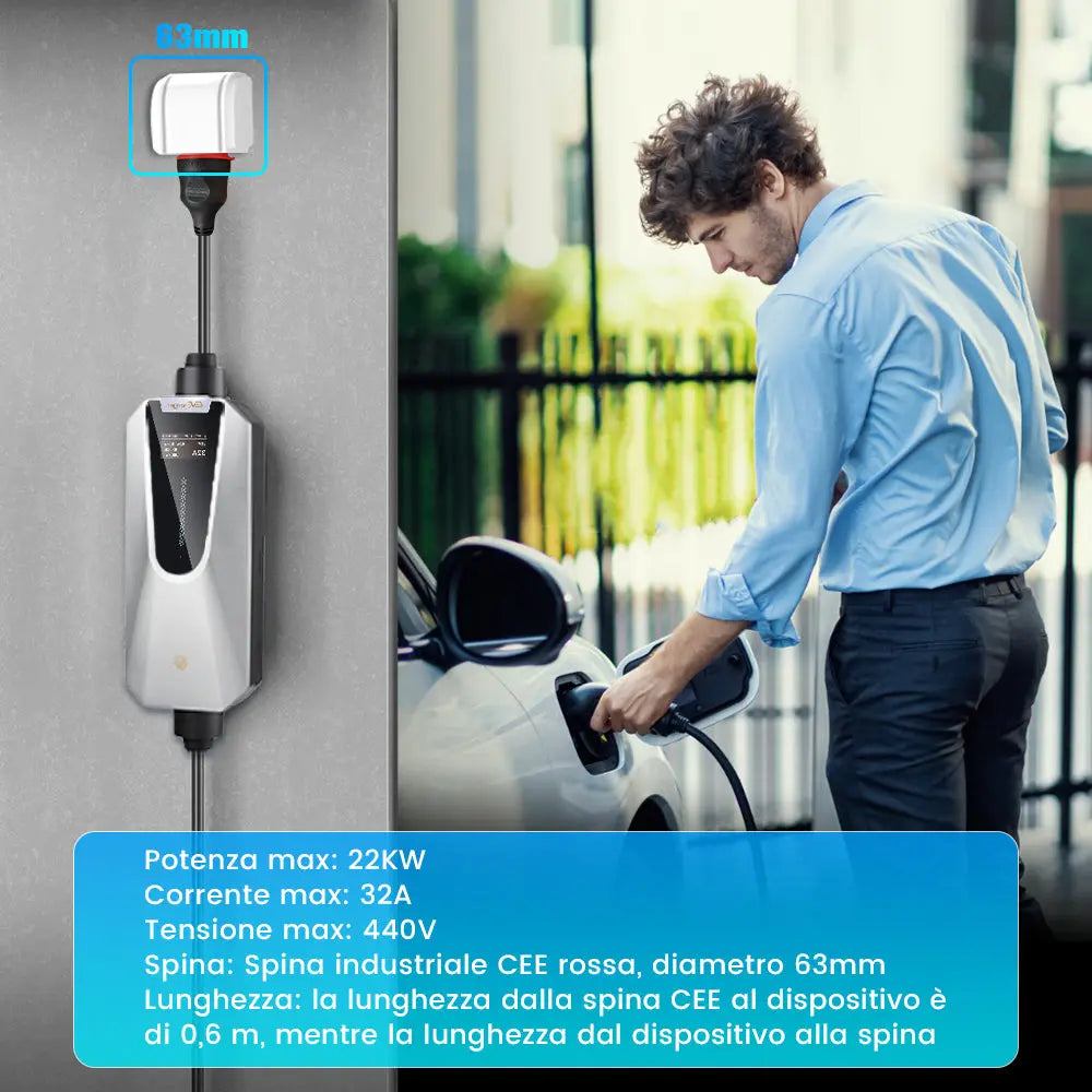 AWESAFE Caricabatterie EV Type 2 22kW, cavo 6M/32A ad alta efficienza – con borsa, spina CEE trifase e manuale AWESAFE