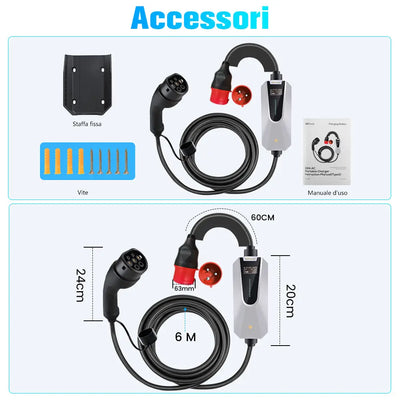 AWESAFE Caricabatterie EV Type 2 22kW, cavo 6M/32A ad alta efficienza – con borsa, spina CEE trifase e manuale AWESAFE