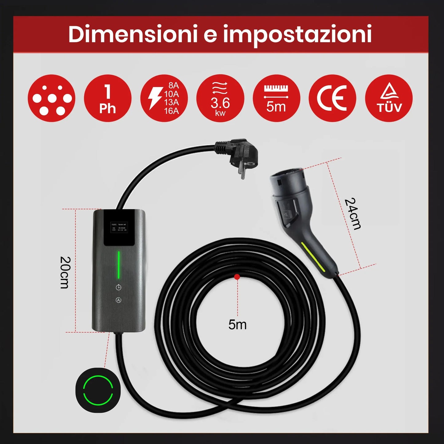 AWESAFE Cavo di Ricarica per Veicoli Elettrici Tipo 2 5M con Spina SAC,3.6KW 16A Corrente Regolabile AWESAFE