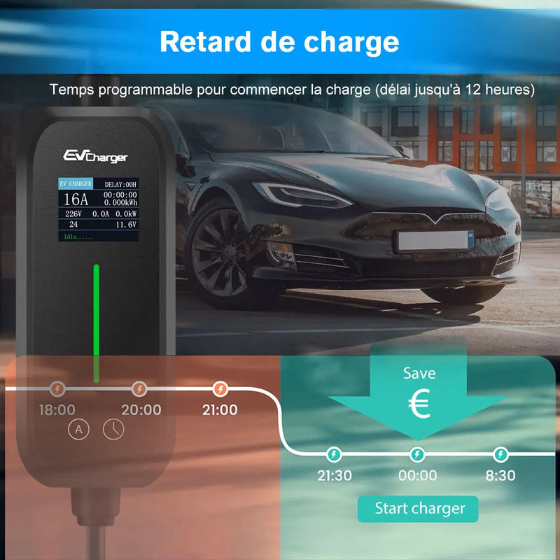 AWESAFE Chargeur Voiture Electrique 3,7kW [6-16A] Type 2 avec Recharge avec Affichage Numérique Contrôlable ,Compatible avec Model 3, Model Y, EX30, XC60, Q4, MG4, 208EV et PHEVs AWESAFE