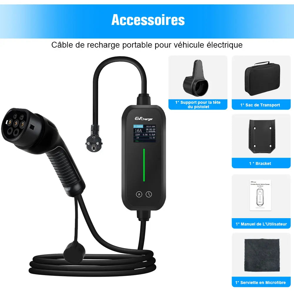 AWESAFE Chargeur Voiture Electrique 3,7kW [6-16A] Type 2 avec Recharge avec Affichage Numérique Contrôlable ,Compatible avec Model 3, Model Y, EX30, XC60, Q4, MG4, 208EV et PHEVs AWESAFE