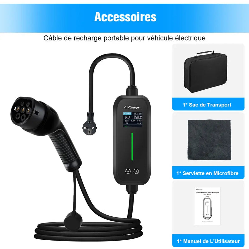 AWESAFE Chargeur Voiture Electrique 3,7kW [6-16A] Type 2 avec Recharge avec Affichage Numérique Contrôlable ,Compatible avec Model 3, Model Y, EX30, XC60, Q4, MG4, 208EV et PHEVs AWESAFE