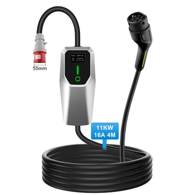 AWESAFE Chargeur Voiture Électrique Type 2 Triphasé 11 kilowatts 8-16 ampères avec Câble 4 mètres, Prise CEE Rouge et Écran Numérique pour Véhicules Électriques AWESAFE