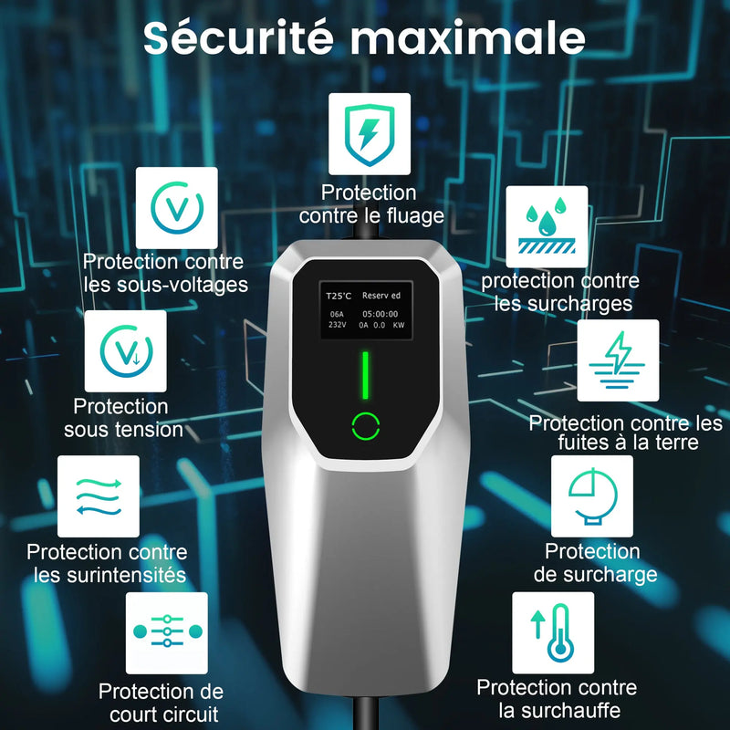 AWESAFE Chargeur Voiture Électrique Type 2 Triphasé 11 kilowatts 8-16 ampères avec Câble 4 mètres, Prise CEE Rouge et Écran Numérique pour Véhicules Électriques AWESAFE
