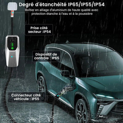 AWESAFE Chargeur Voiture Électrique Type 2 Triphasé 11 kilowatts 8-16 ampères avec Câble 4 mètres, Prise CEE Rouge et Écran Numérique pour Véhicules Électriques AWESAFE